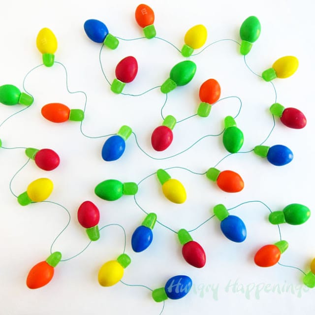 Christmas lights made from Mike N Ike's and Almond M&M's - so cute!