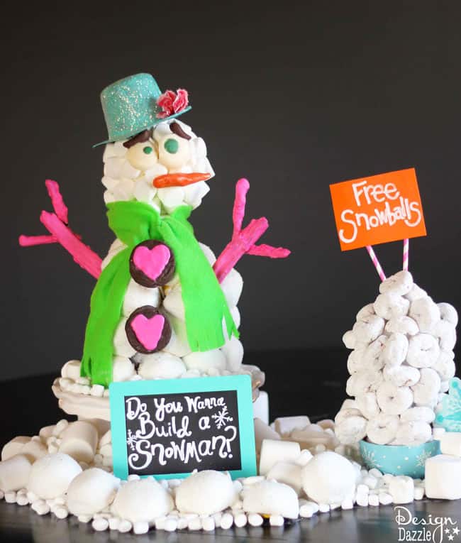 Edible Snowman Centerpiece made with Hostess Sno Balls, Ding Dongs and Donettes by Design Dazzle #HostessHoliday