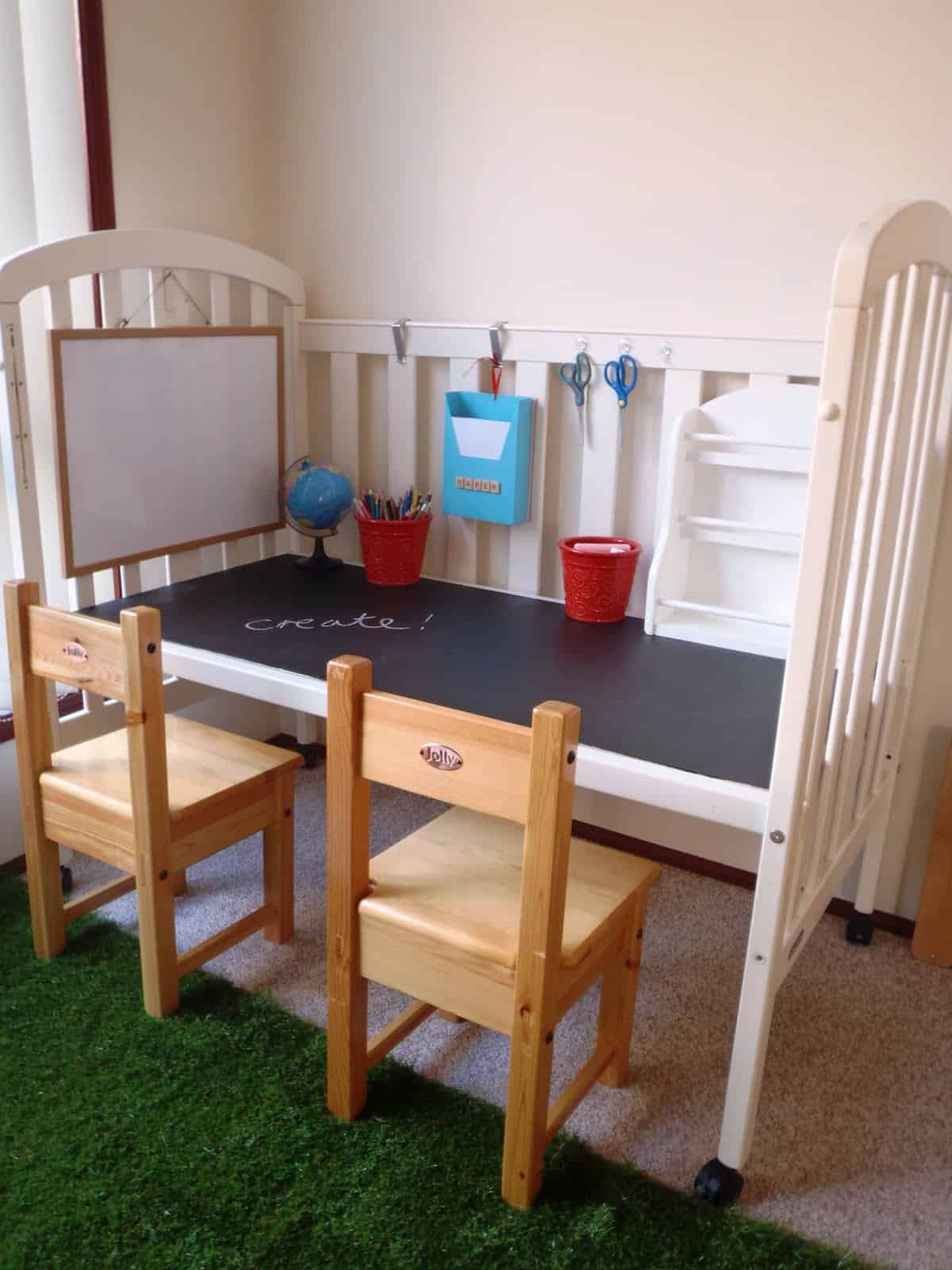 Create a work station for kids using an old crib as seen on A Little Learning for Two. See more repurposing ideas for kids rooms on Design Dazzle!