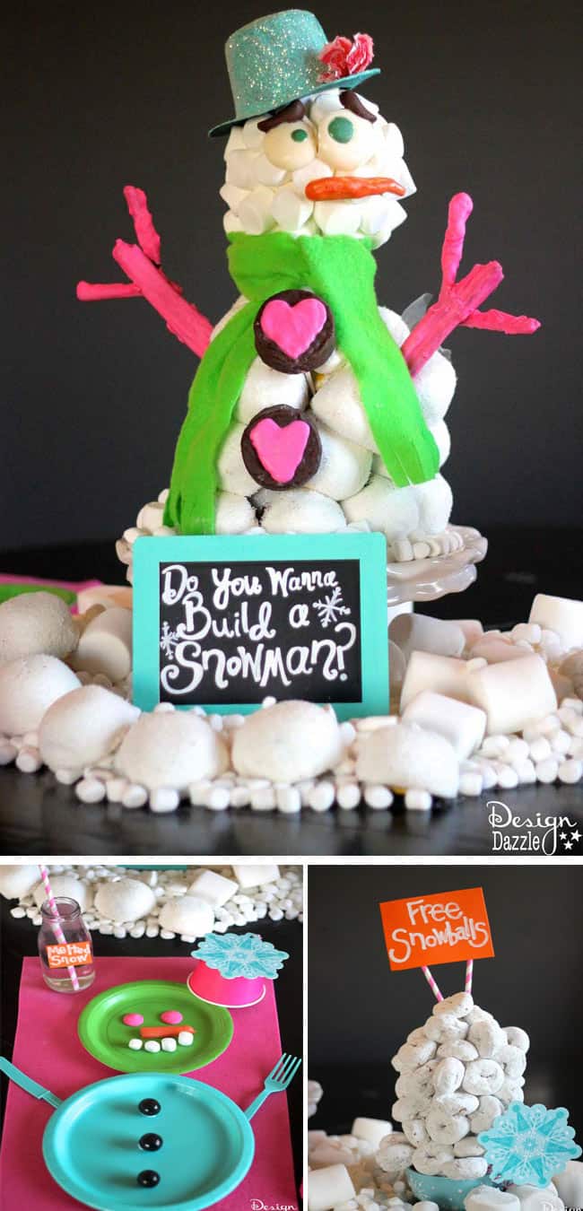 Edible Snowman Centerpiece made with Hostess Sno Balls, Ding Dongs and Donettes by Design Dazzle #HostessHoliday