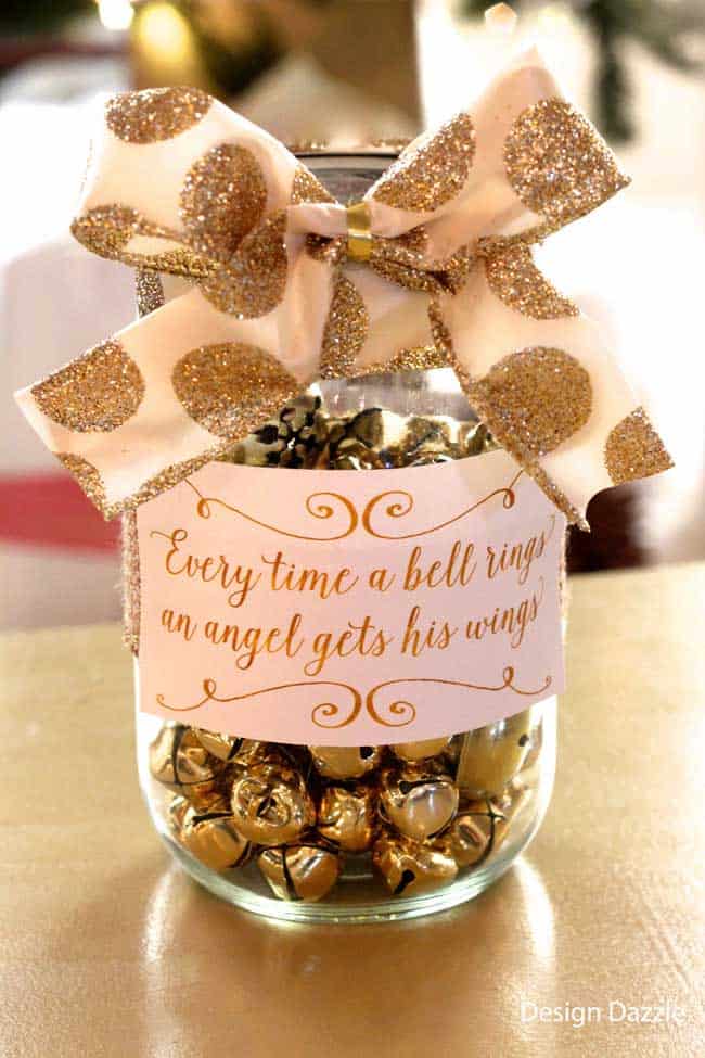 Service Jar Idea: Every Time a Bell Rings an Angel Gets His Wings! Each family member places a jingle bell in the jar every time they give service {help the angels get their wings!} Free printable. Design Dazzle