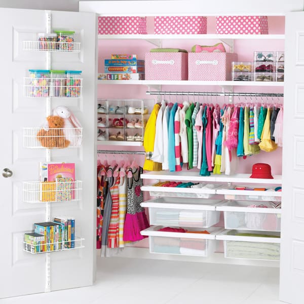 Hang shelves and racks to organize kids toys, clothes, books, and blankets. See more ideas for organizing kids closets on Design Dazzle!