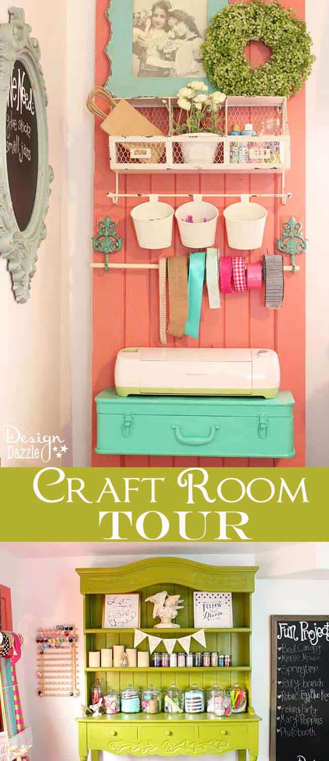 Take a peek into my craft room! Love the craft-storage-on-a-door idea! This is where all the magic happens. See the full tour on Design Dazzle!