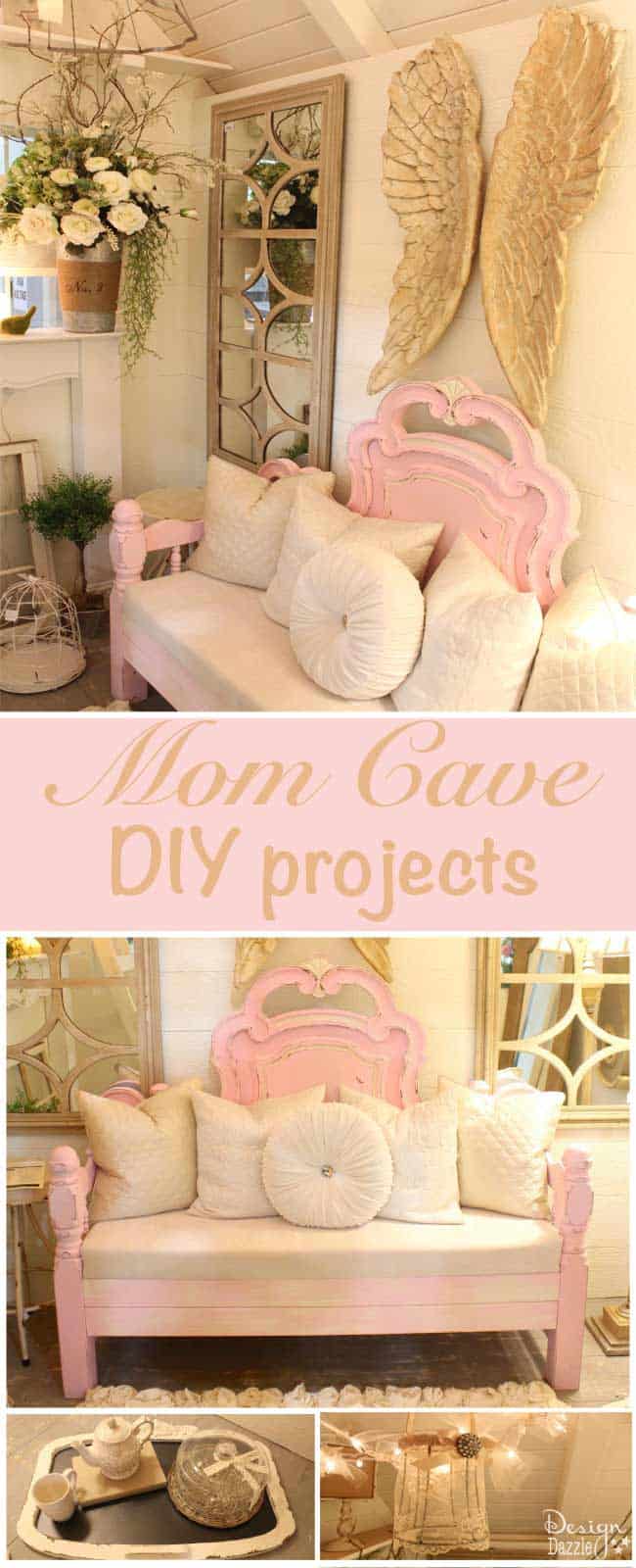 Beautiful Mom Cave designed and decorated by Toni of Design Dazzle. Check out all the DIY projects - rug, bench, fireplace, wire lampshade frames, and fairy lighting.