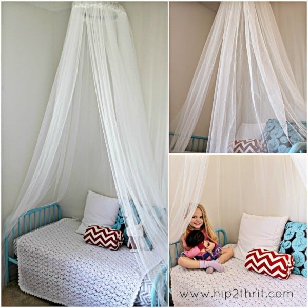 This DIY bed canopy is fantastic! Perfect for my little gals' room!