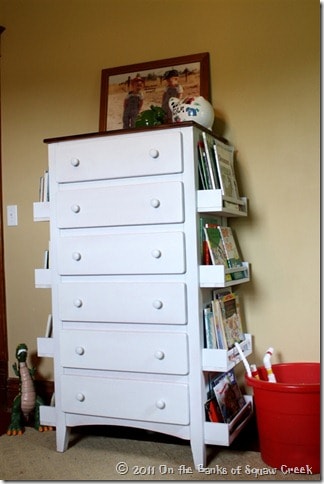 Ikea spice racks as added book storage! Genius! Love this for a toy organization idea, too!