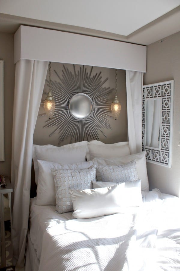 What a fantastic DIY bed canopy - love this pelmet box! Foam board, duct tape, and white linen!