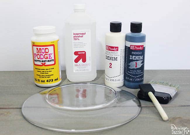 Supplies to make #denim glass plates. Such a fun, easy #DIYproject on Design Dazzle!