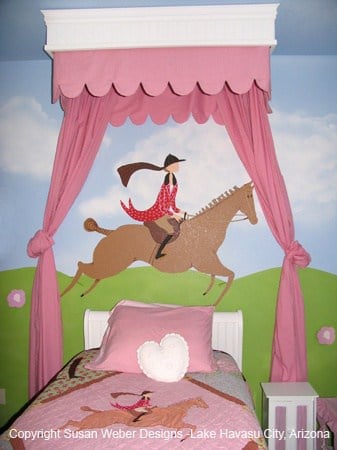 girls horse room with darling pink canopy
