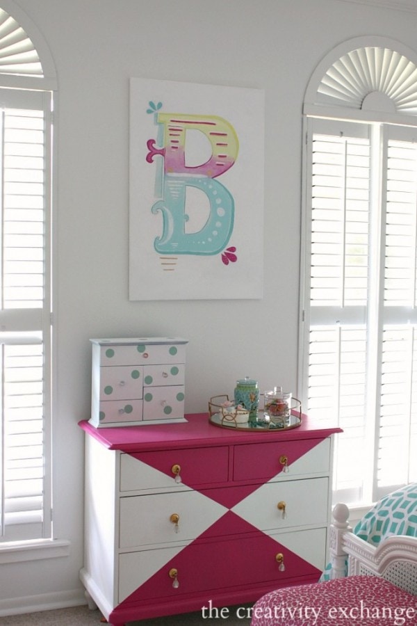 Harlequin White and Pink Dresser in a gorgeous bright and bold tween room