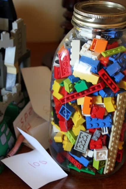 Guessing the lego - what an awesome idea for a birthday party to welcome the guests!