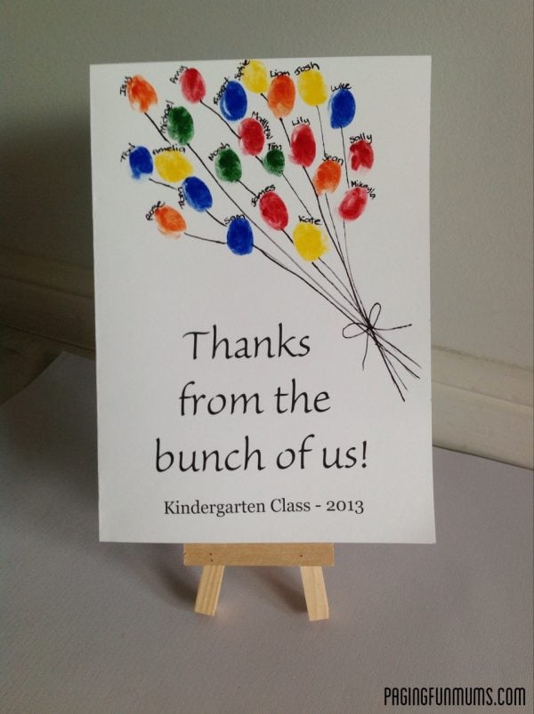 Thank you card for the teacher decorated with kids fingerprints to create a big bunch of balloons.