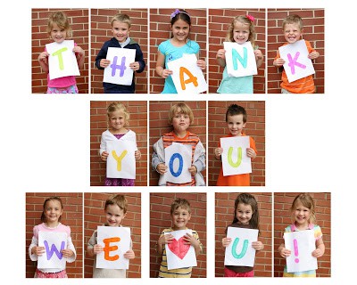 Pics of the kids in the class holding letters for teacher appreciation week craft idea.