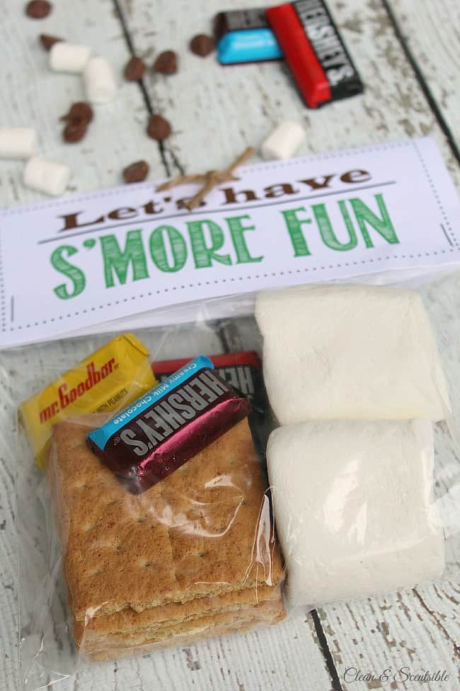 Fun outdoor scavenger hunt and s'mores treat toppers with free printables included! This would be fun for an outdoor party or camping trip.