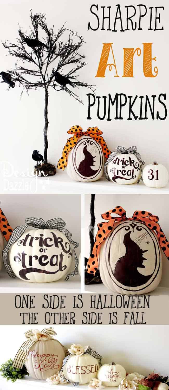 The most AWESOME idea about these pumpkins is they are TWO-SIDED! One side is for Halloween and one side is for Fall!! Free printables included. | DIY pumpkin decorating ideas | sharpie pumpkin tutorial | how to make sharpie art pumpkins | how to decorate a pumpkin | pumpkin decorating tips || Design Dazzle