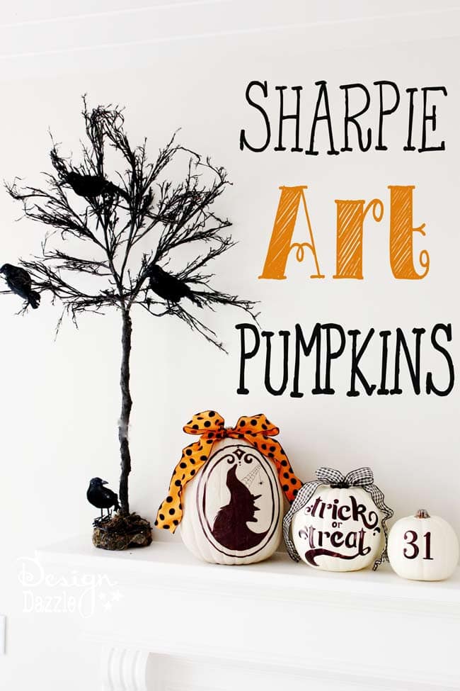 The most AWESOME idea about these pumpkins is they are TWO-SIDED! One side is for Halloween and one side is for Fall!! Free printables included. | DIY pumpkin decorating ideas | sharpie pumpkin tutorial | how to make sharpie art pumpkins | how to decorate a pumpkin | pumpkin decorating tips || Design Dazzle