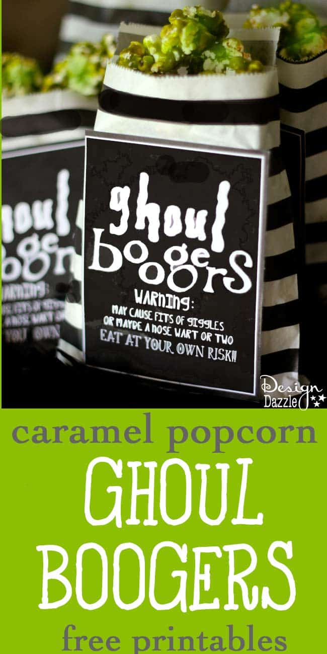 Ghoul Boogers! caramel popcorn recipe with free printable. warning: eating may cause fits of giggles or maybe a nose wart or two. | halloween printable | halloween snack recipes | homemade snacks for halloween | fun snack ideas for halloween | free halloween printables | halloween recipe ideas for kids || Design Dazzle