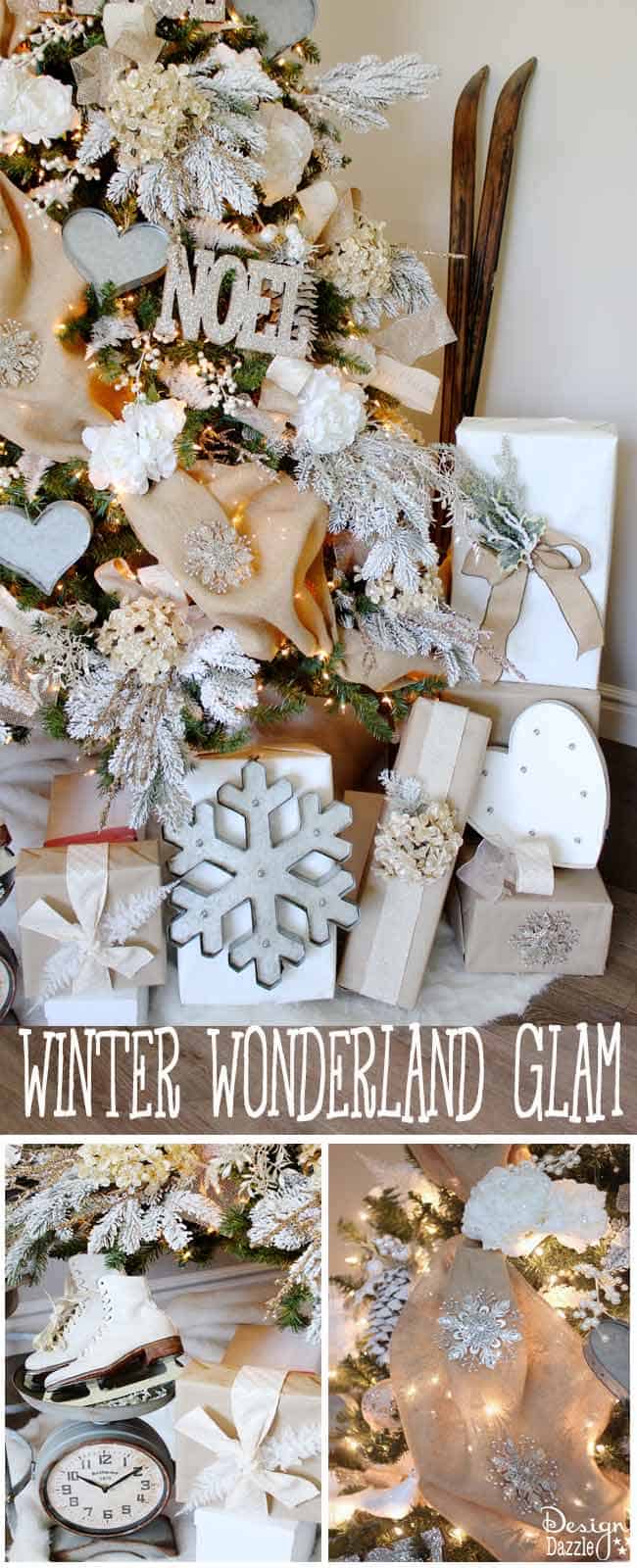 Winter Wonderland Glam Christmas Tree designed by Toni Roberts of Design Dazzle. Snow tipped branches, gold hydrangeas, white roses, lots of bling and touches of galvanized metal create this Winter Wonderland Glam Tree.