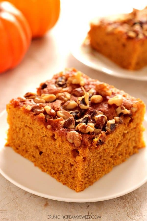 Snickerdoodle Pumpkin Cake! Walnuts with a cinnamon sugar topping!