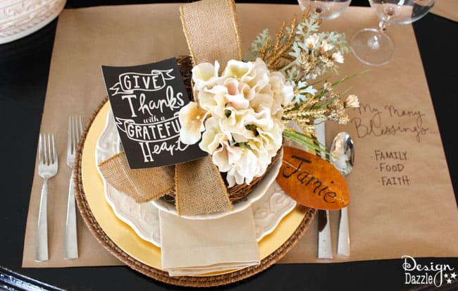 How to decorate a Thanksgiving tablescape - a bit of neutral with a touch of glitz. Free printable "Give Thanks with a Grateful Heart". Design Dazzle