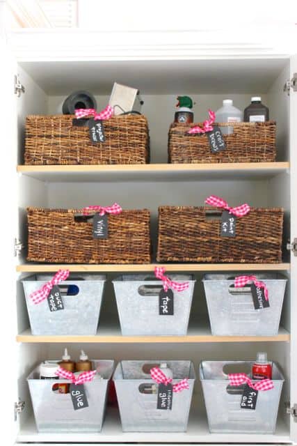 Organization challenge - use baskets and bins along with chalkboard tags to get organized!