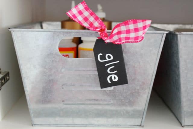 Organization challenge - use baskets and bins along with chalkboard tags to get organized!