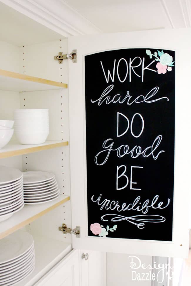  The INSIDE of the cabinets are pretty plain and quite dull. Here is an unexpected detail and fun surprise when you open the kitchen cabinet doors! It went from boring and plain - to a party on the inside! I smile every time I open the door! See the details on how to create this for more than a kitchen a craft room, bathroom, bedroom, etc. Design Dazzle