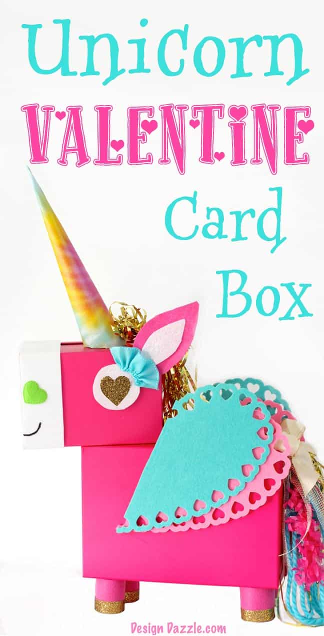 This Unicorn Valentine Card Box DIY project is a fun whimsical twist on a classic valentines card holder! This Unicorn just makes me smile! Step by Step instructions on Design Dazzle. 