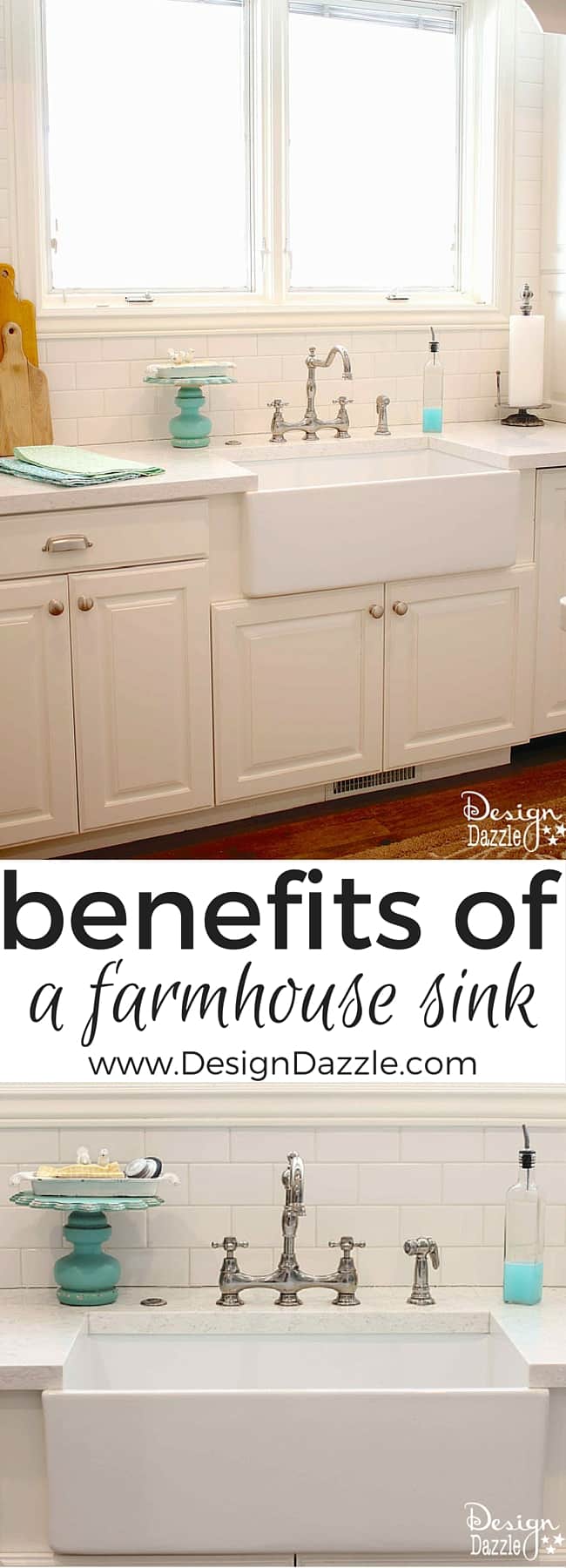 Benefits of a Farmhouse Sink - what about depth, stain resistant, chipping, installation? Find out the details at www.DesignDazzle.com