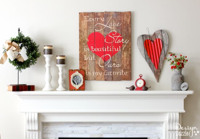 Farmhouse Valentine Mantle decorating ideas! DIY rustic decor ideas for your home this February to celebrate love!  #valentinesdaydecorations || Design Dazzle