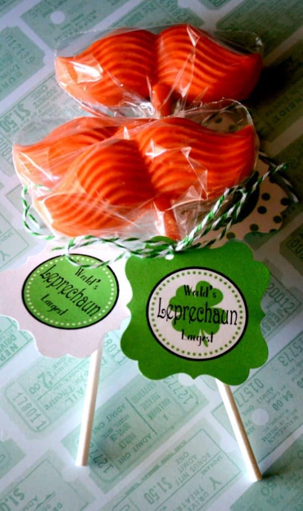 Make Leprechaun Mustache Lollies with free printable St. Patrick's Day tag.