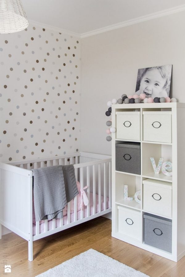 Neutral toned polka dots for a kids bedroom. Sweet multi colored polka dot idea!