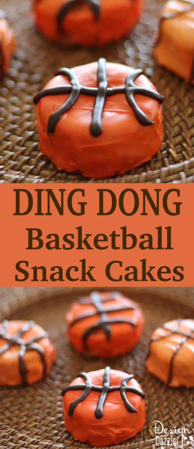 Easy Basketball Snack Cakes Made With Ding Dongs. Cute party idea for a absketball party or March Madness theme. Enjoy making with your family! Design Dazzle
