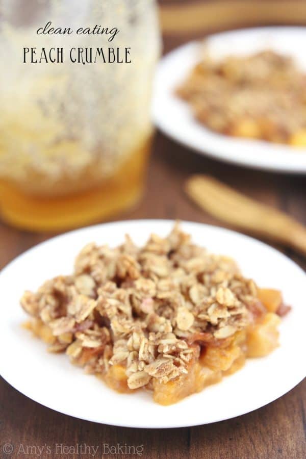 Clean Eating Peach Crumble! Delicious Healthy Dessert Recipe that is great for guests. Easy to make and healthy!