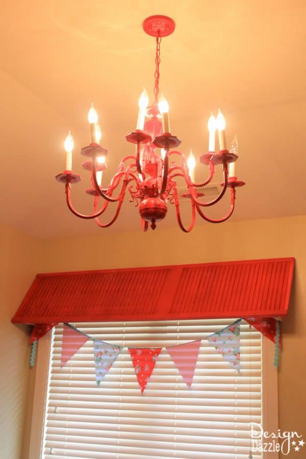 Red CHandelier and Shutter Valance in Shabby Chic Guest Room