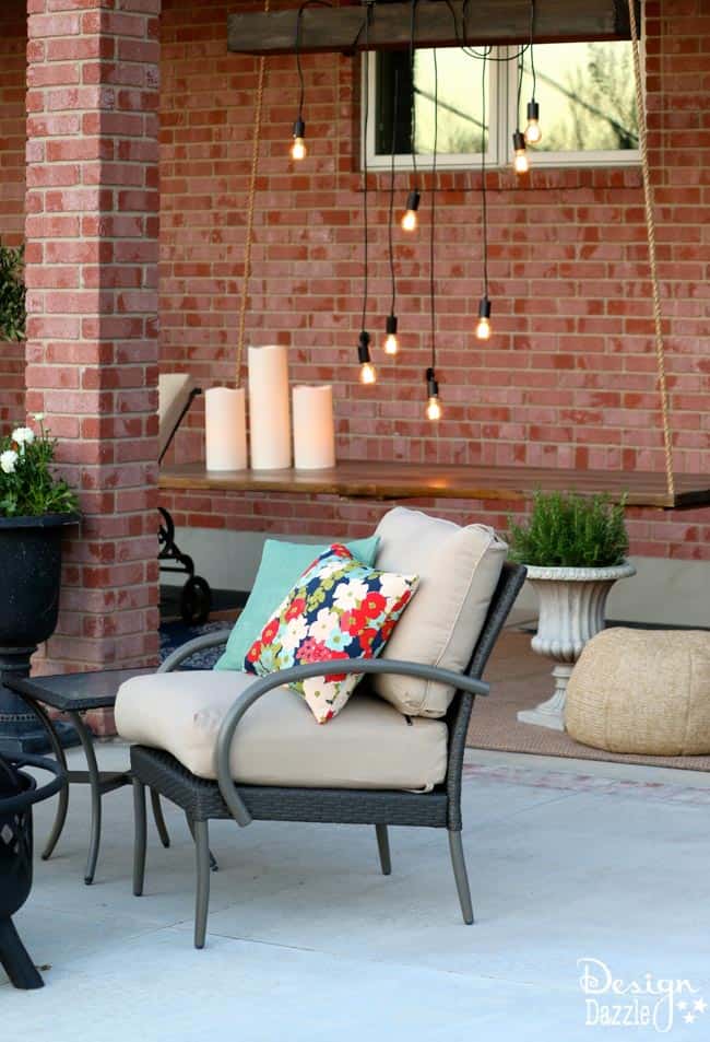 I created this hanging table along with the wood beam chandelier for the Home Depot Patio Challenge. How-to on the blog | Design Dazzle