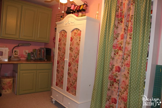 Craft room created using old kitchen cabinets. The tree with the blossom added just the right touch to my craft room. I loved turning on the fairy lights and crafting in there! Design Dazzle