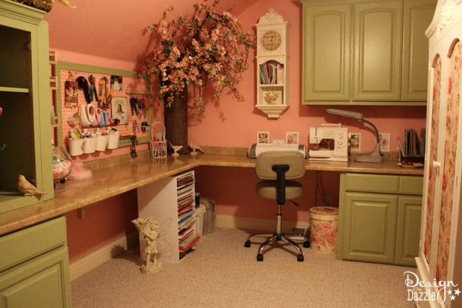 Craft room created using old kitchen cabinets.  I enjoyed turning on the fairy lights and crafting in there! Design Dazzle