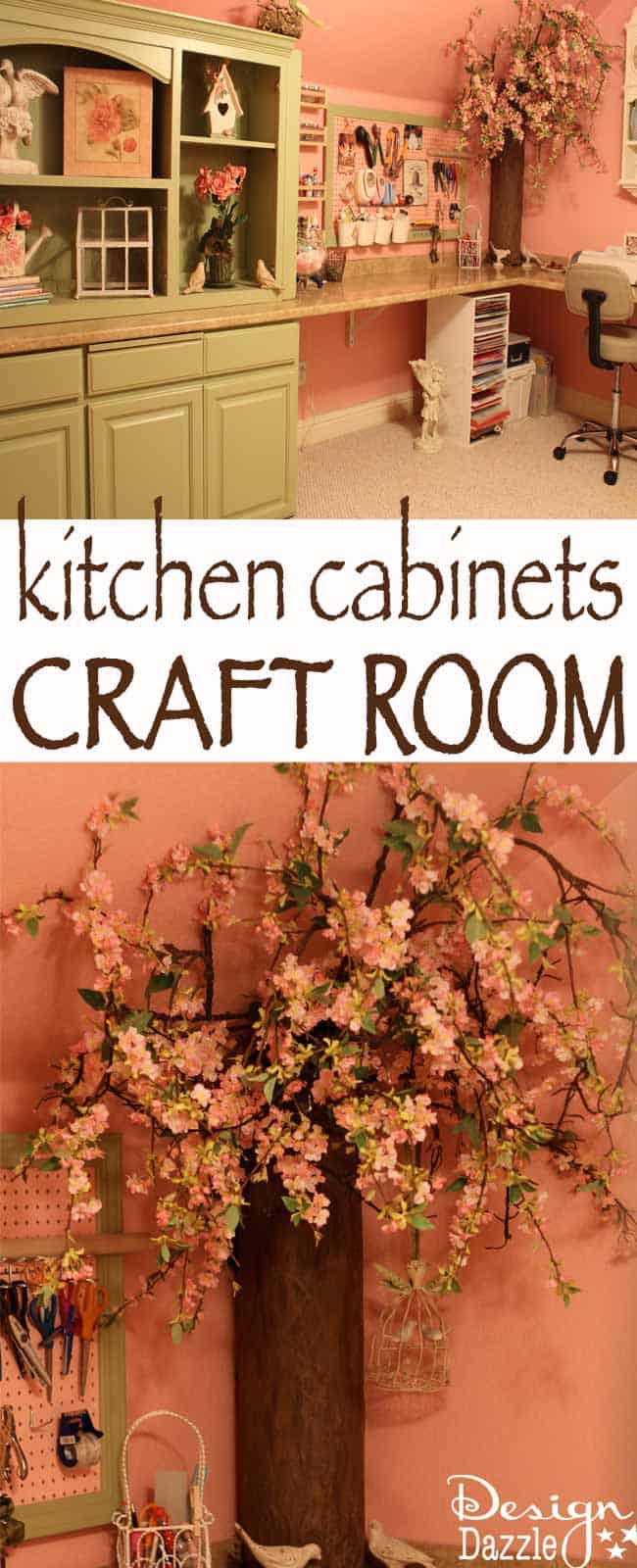 Craft room created using old kitchen cabinets. The tree with the blossom added just the right touch to my craft room. I loved turning on the fairy lights and crafting in there! Design Dazzle