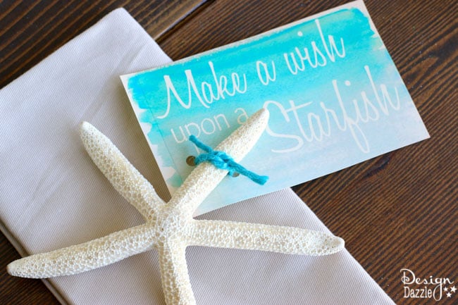 Beach Tablescape Summer Celebration. How to set a beach tablescape! Make a wish upon a starfish free printable! Design Dazzle