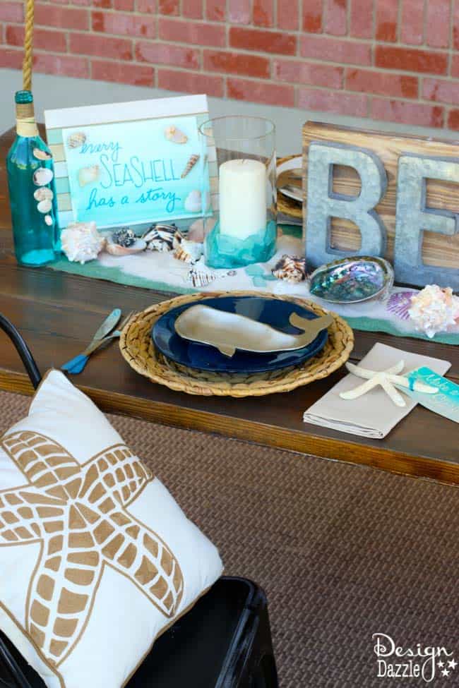 Beach Tablescape Summer Celebration. How to set a beach tablescape! Make a wish upon a starfish free printable! Design Dazzle