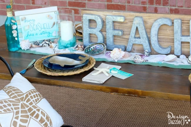 Beach Tablescape Summer Celebration. How to set a beach tablescape! Make a wish upon a starfish free printable! Design Dazzle