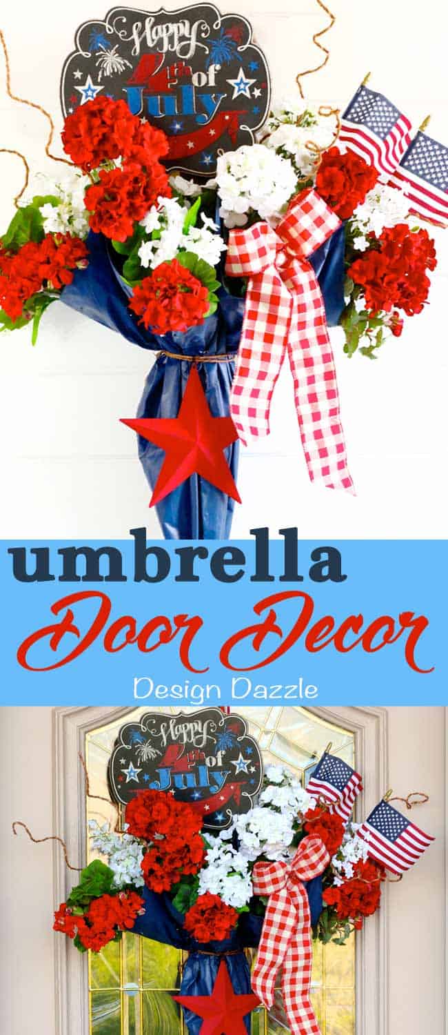 I took an old umbrella and re-purposed it into a fun and festive Umbrella 4th of July Door Decor that makes a great welcome door hanger. | Design Dazzle