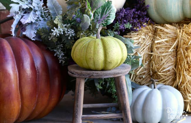 Fall pumpkin porch decor in plums, purples, blues and greens! Super cute DIY decorating ideas for 2018 fall! #fallfrontporch #frontdoordecoration #frontporchideas #fall || Design Dazzle