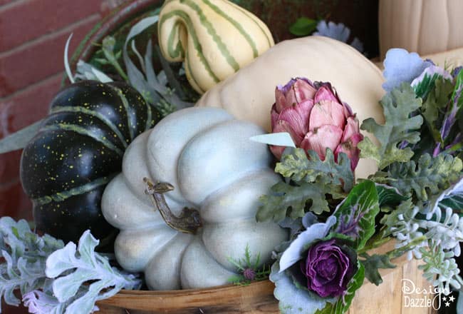 Fall pumpkin porch decor in plums, purples, blues and greens! Super cute DIY decorating ideas for 2018 fall! #fallfrontporch #frontdoordecoration #frontporchideas #fall || Design Dazzle