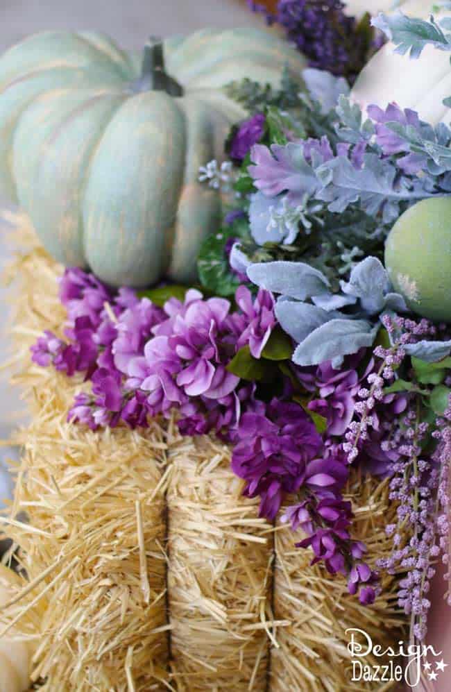 Fall pumpkin porch decor in plums, purples, blues and greens! Super cute DIY decorating ideas for 2018 fall! #fallfrontporch #frontdoordecoration #frontporchideas #fall || Design Dazzle