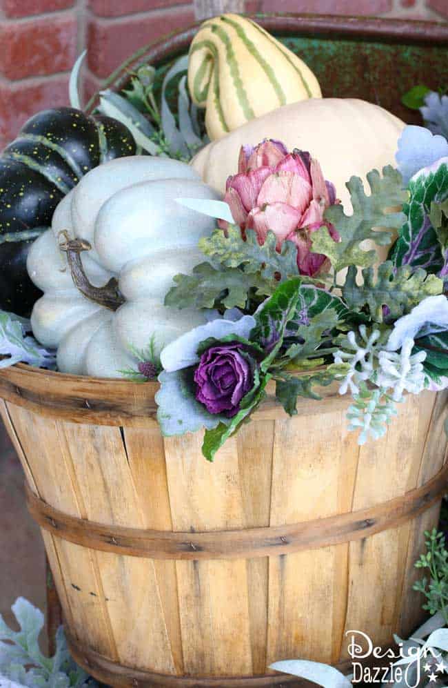 Fall pumpkin porch decor in plums, purples, blues and greens! Super cute DIY decorating ideas for 2018 fall! #fallfrontporch #frontdoordecoration #frontporchideas #fall || Design Dazzle