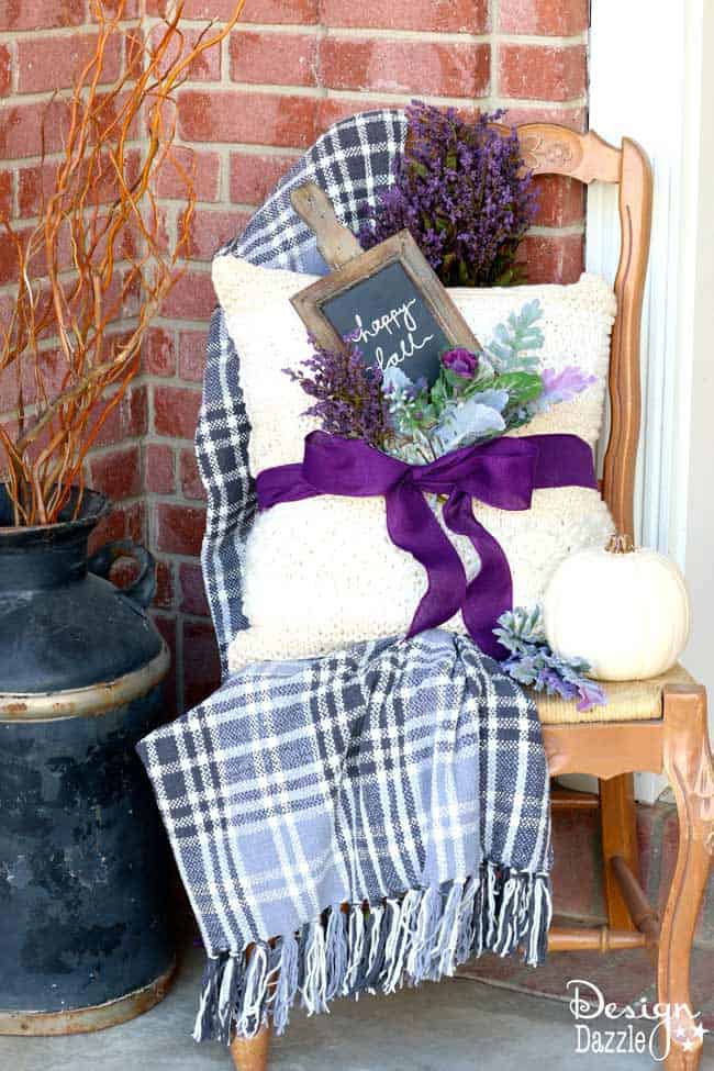 Fall pumpkin porch decor in plums, purples, blues and greens! Super cute DIY decorating ideas for 2018 fall! #fallfrontporch #frontdoordecoration #frontporchideas #fall || Design Dazzle