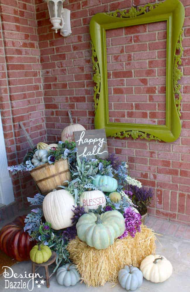 Fall pumpkin porch decor in plums, purples, blues and greens! Super cute DIY decorating ideas for 2018 fall! #fallfrontporch #frontdoordecoration #frontporchideas #fall || Design Dazzle