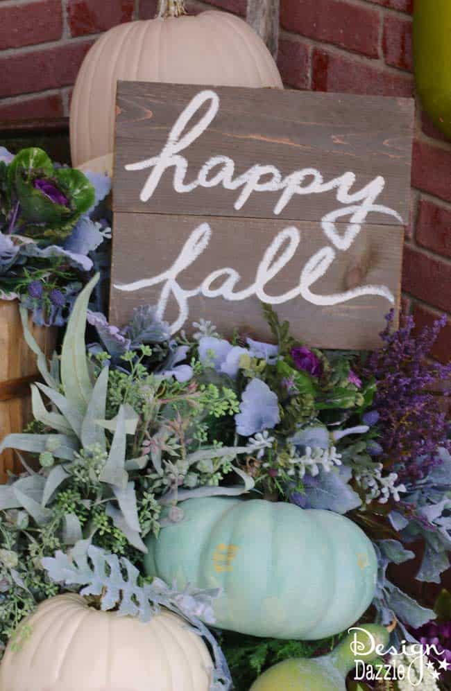 Fall pumpkin porch decor in plums, purples, blues and greens! Super cute DIY decorating ideas for 2018 fall! #fallfrontporch #frontdoordecoration #frontporchideas #fall || Design Dazzle